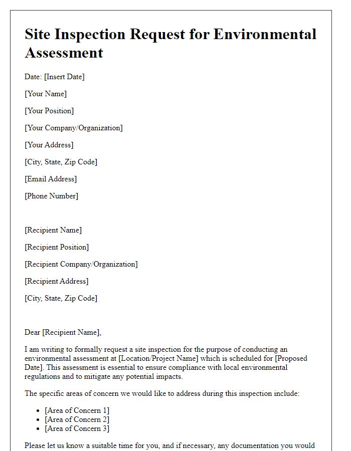 Letter template of site inspection request for environmental assessment.