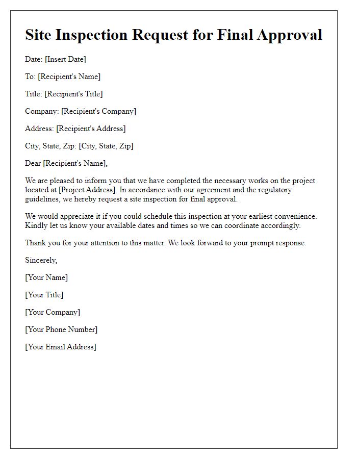 Letter template of site inspection request for final approval.