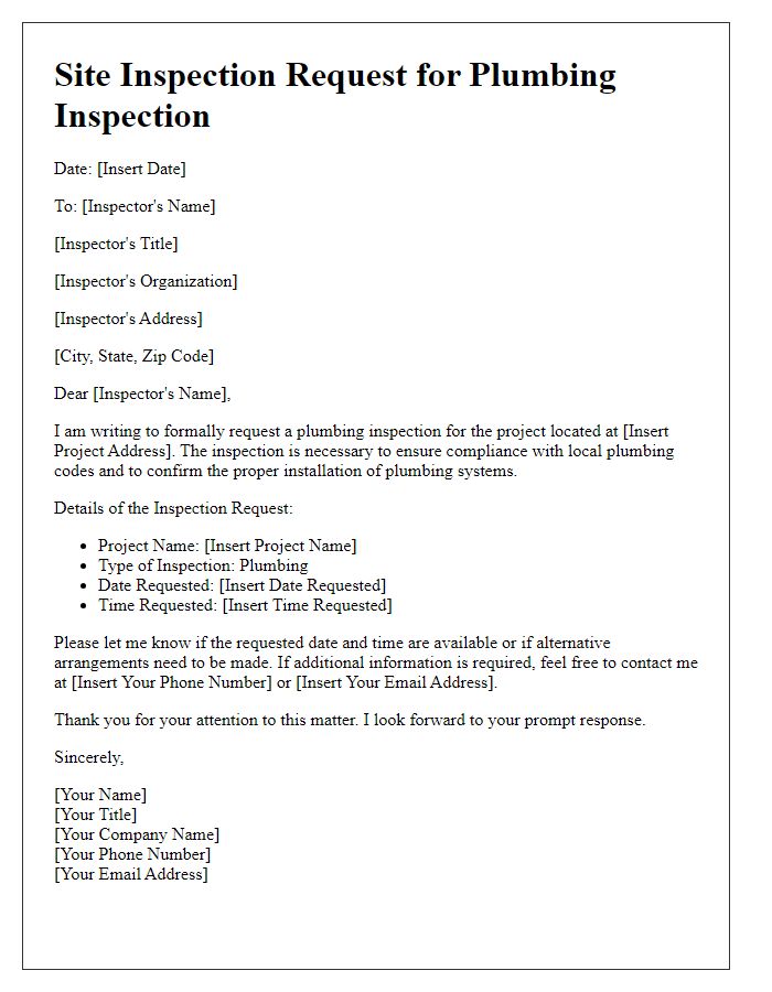 Letter template of site inspection request for plumbing inspection.