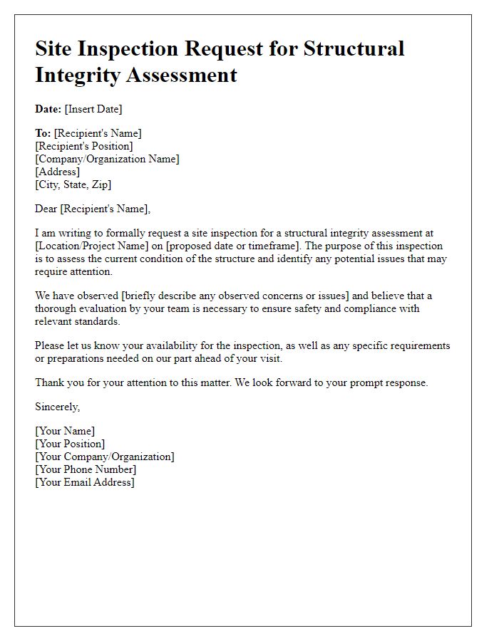 Letter template of site inspection request for structural integrity assessment.