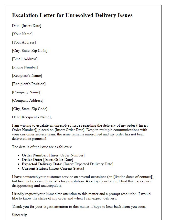 Letter template of escalation for unresolved delivery issues