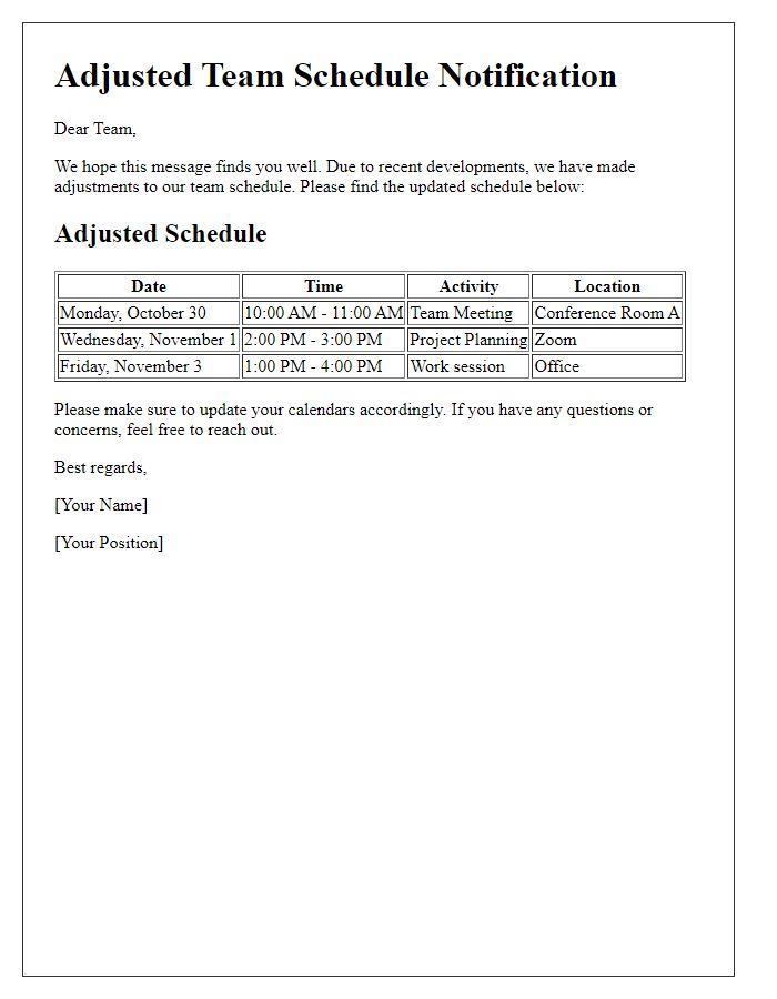 Letter template of adjusted team schedule