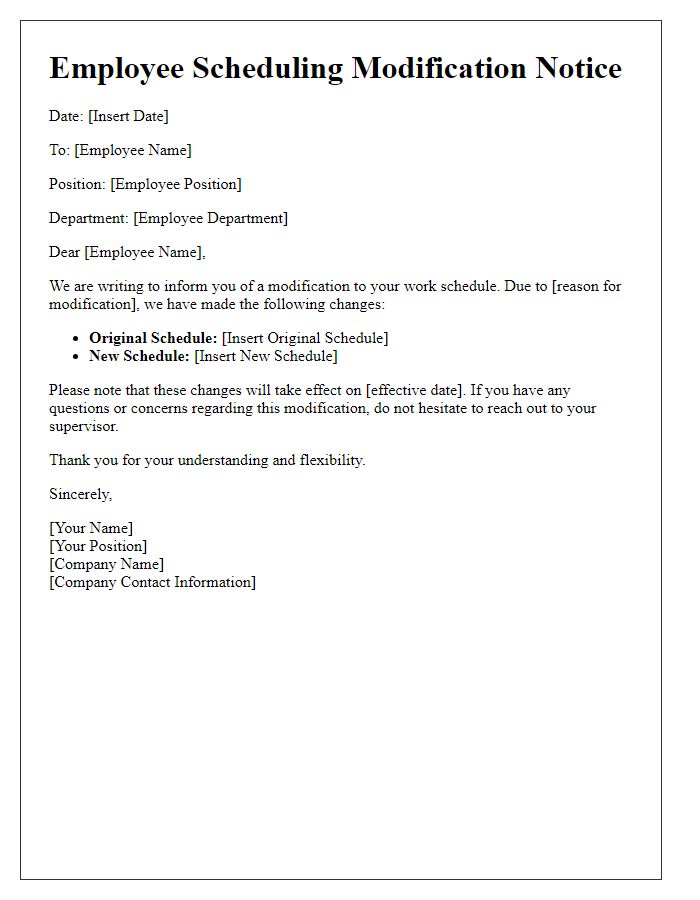 Letter template of employee scheduling modification