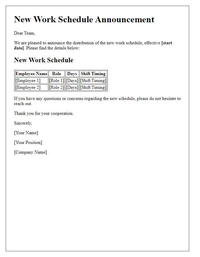 Letter template of new work schedule distribution