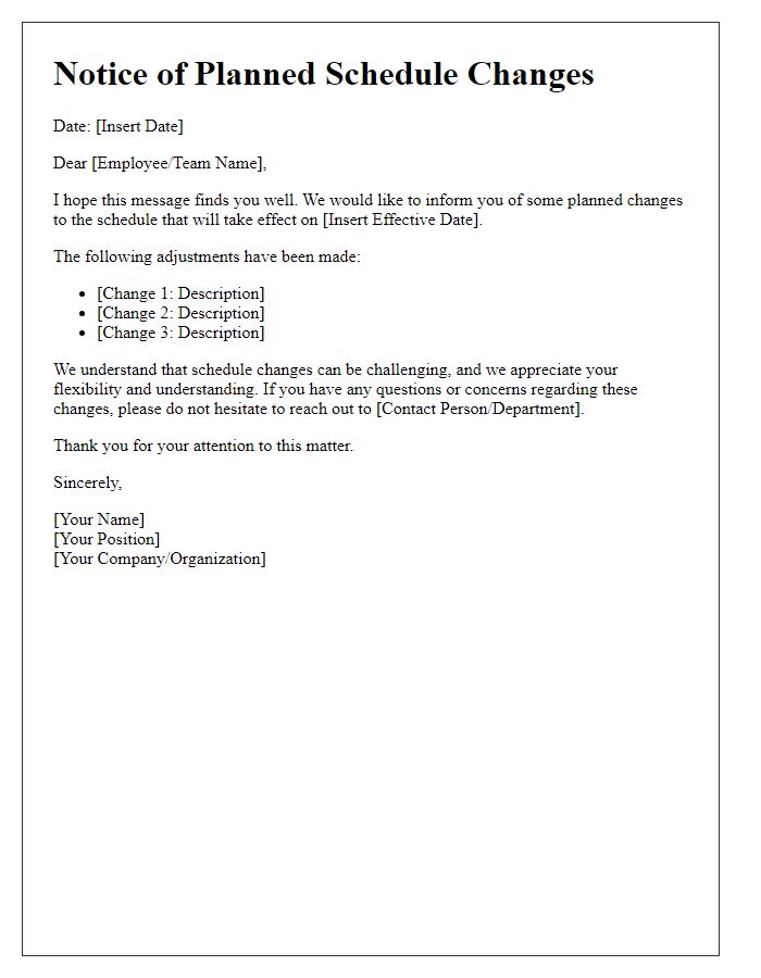Letter template of planned schedule changes