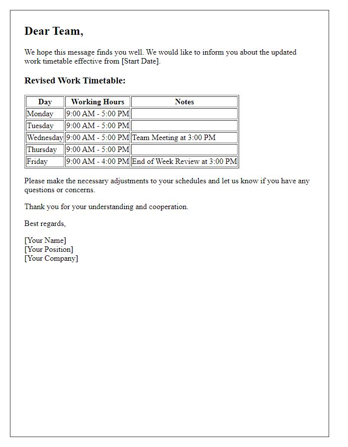 Letter template of revised work timetable announcement