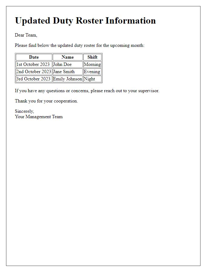 Letter template of updated duty roster information