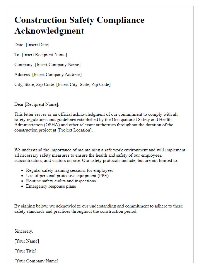 Letter template of construction safety compliance acknowledgment