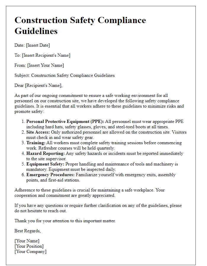 Letter template of construction safety compliance guidelines