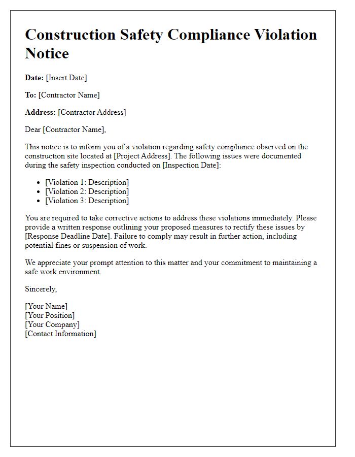 Letter template of construction safety compliance violation notice