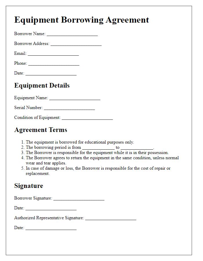 Letter template of equipment borrowing agreement for educational purposes.