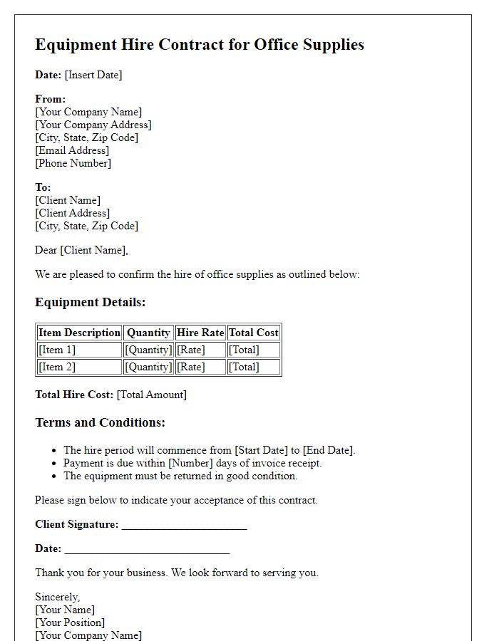 Letter template of equipment hire contract for office supplies.