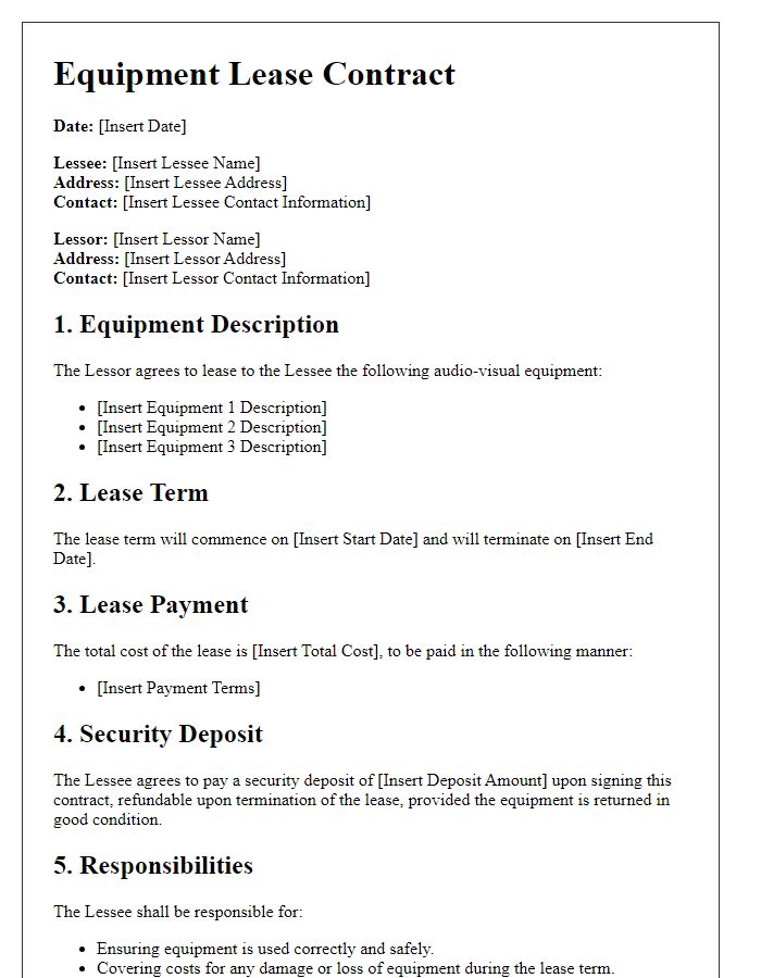 Letter template of equipment lease contract for audio-visual gear.