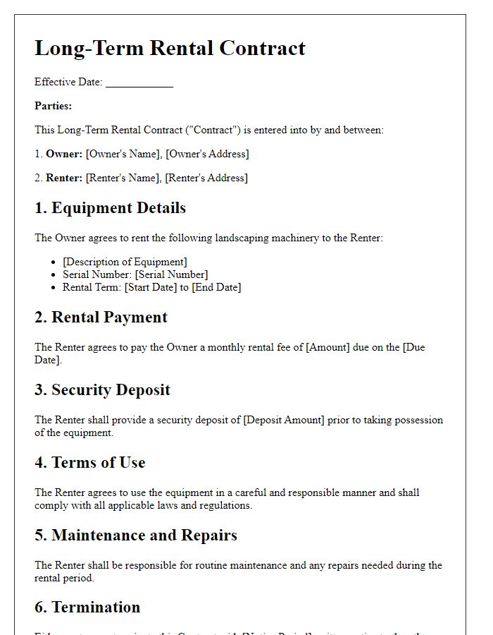 Letter template of long-term rental contract for landscaping machinery.