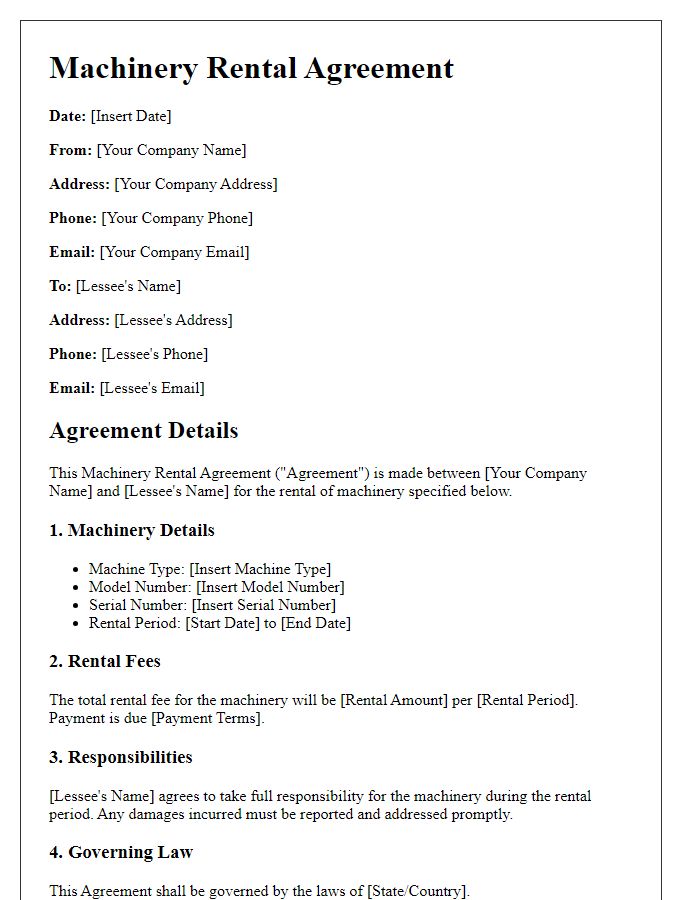 Letter template of machinery rental agreement for industrial use.