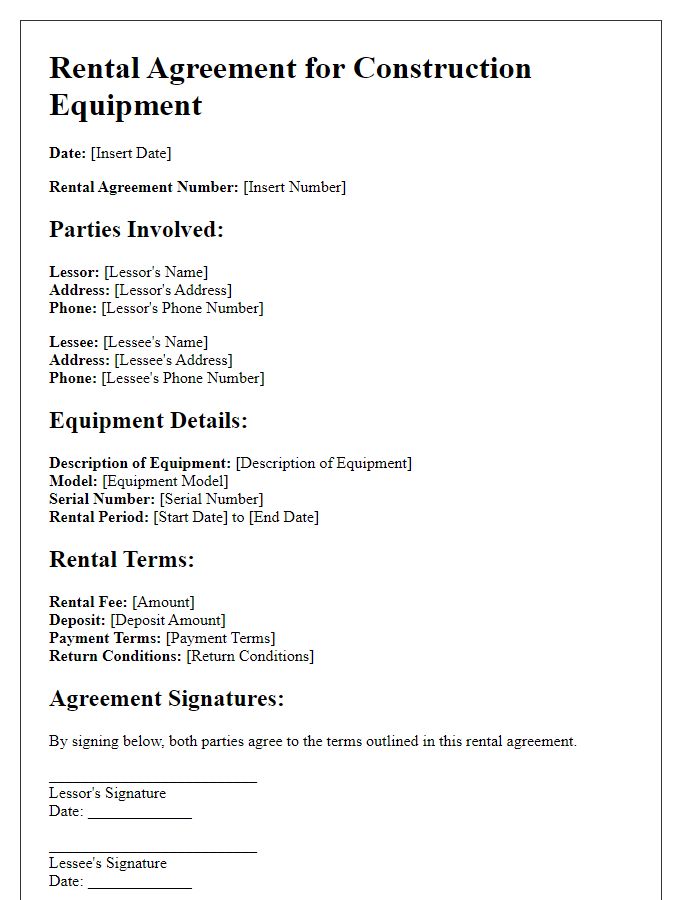 Letter template of rental agreement for construction equipment.