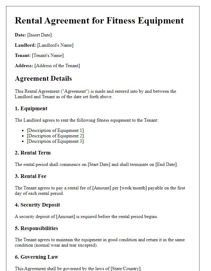 Letter template of rental agreement for fitness equipment.