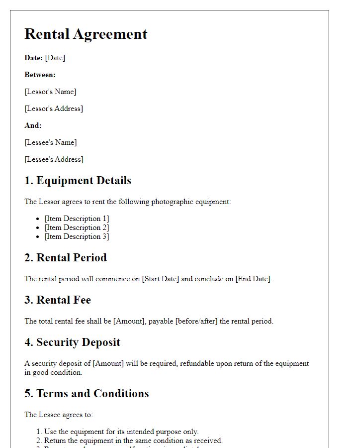 Letter template of rental agreement for photographic equipment.