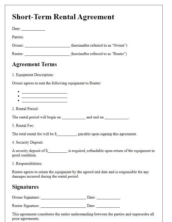 Letter template of short-term rental agreement for party equipment.