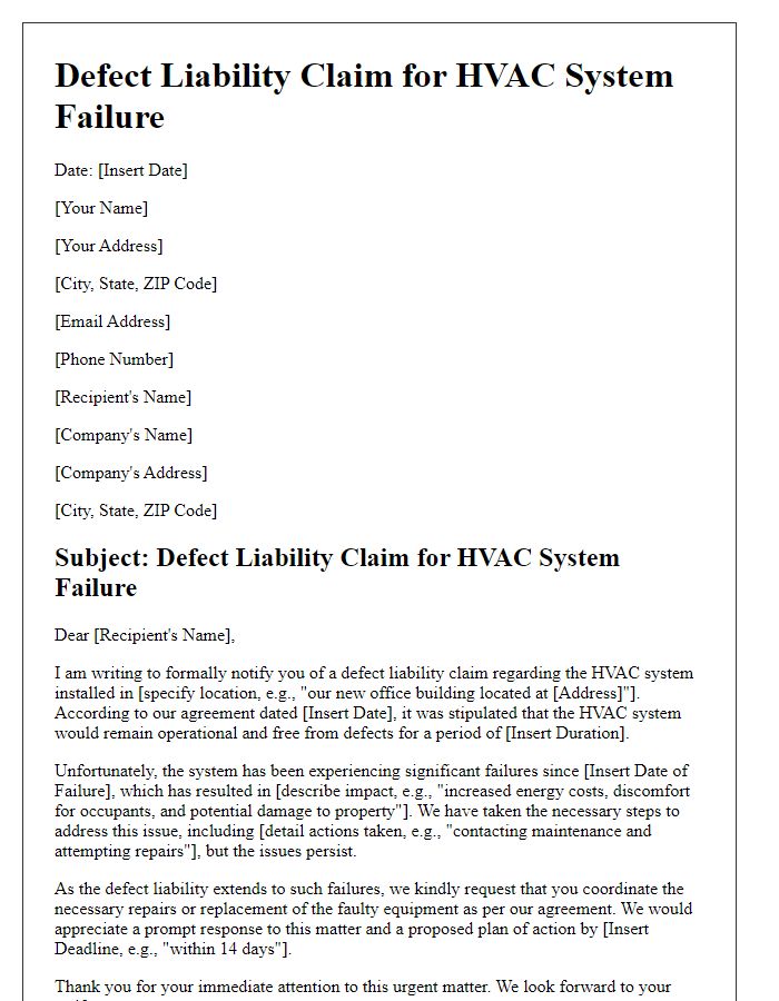 Letter template of defect liability claim for HVAC system failure