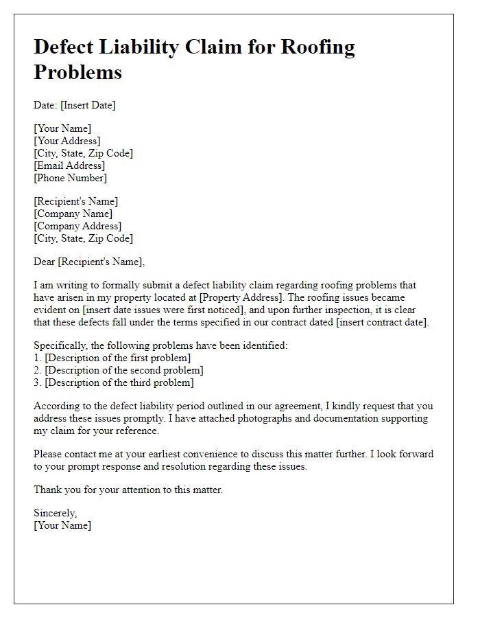 Letter template of defect liability claim for roofing problems