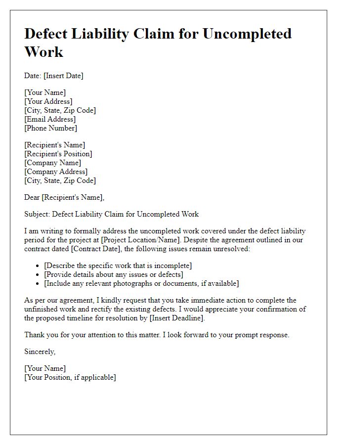 Letter template of defect liability claim for uncompleted work