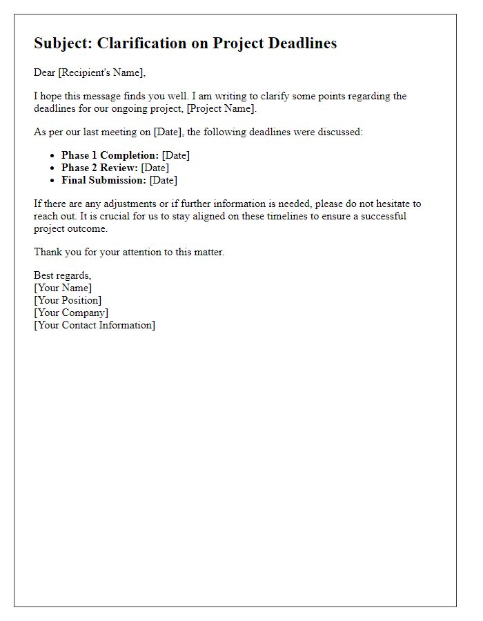 Letter template of clarification on project deadlines