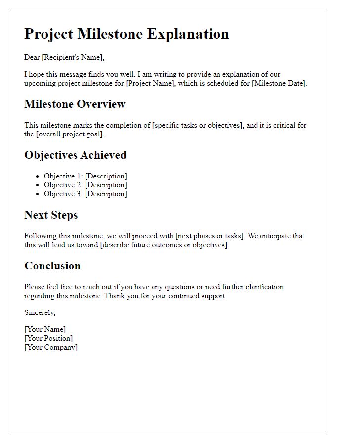 Letter template of project milestone explanation