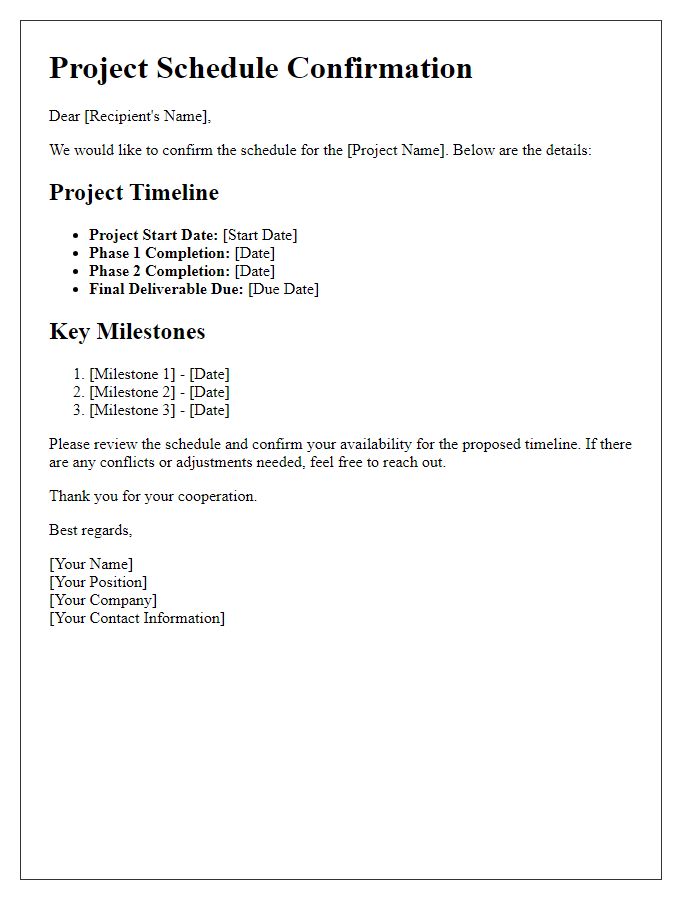 Letter template of project schedule confirmation