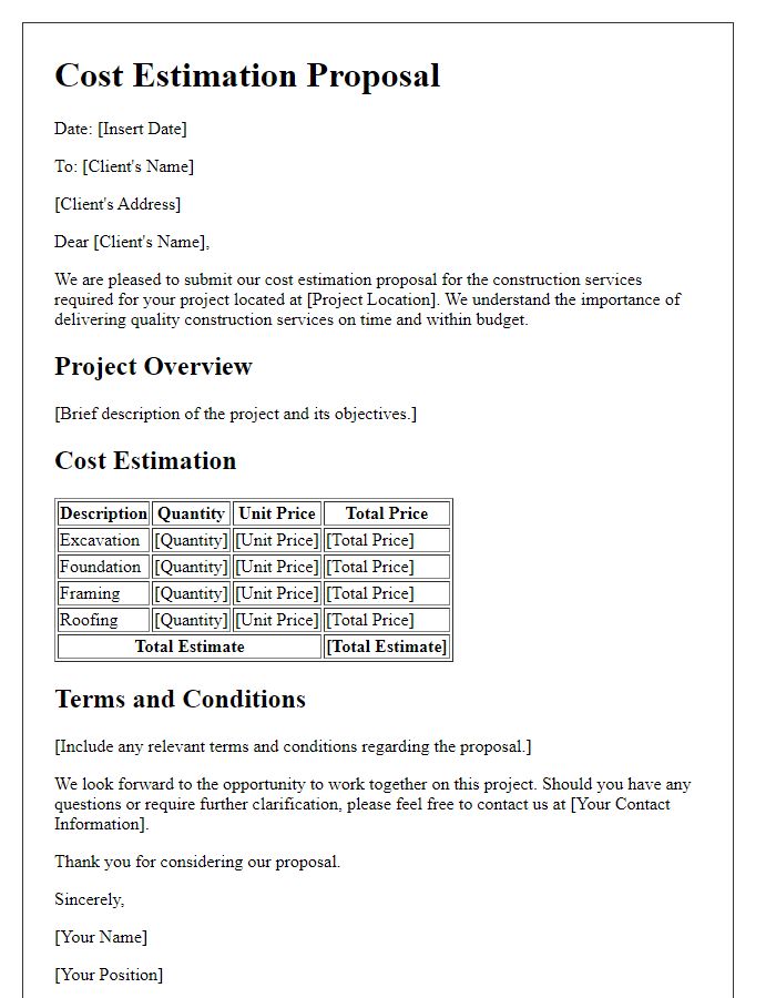 Letter template of cost estimation proposal for construction services