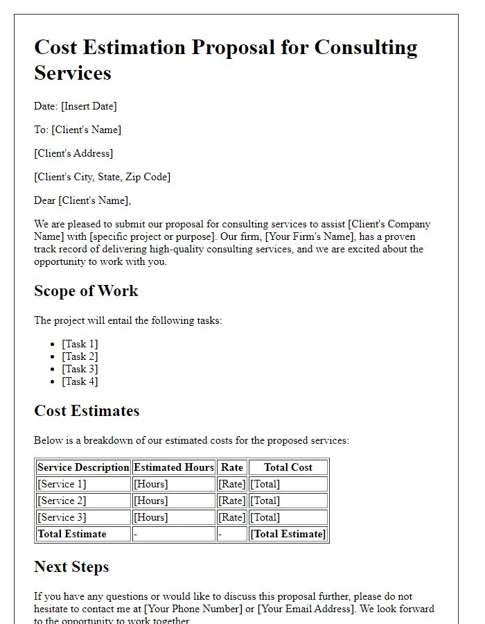 Letter template of cost estimation proposal for consulting services