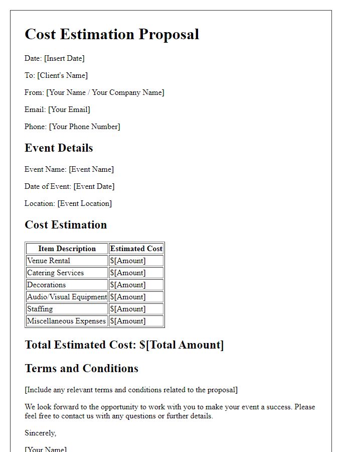 Letter template of cost estimation proposal for event planning