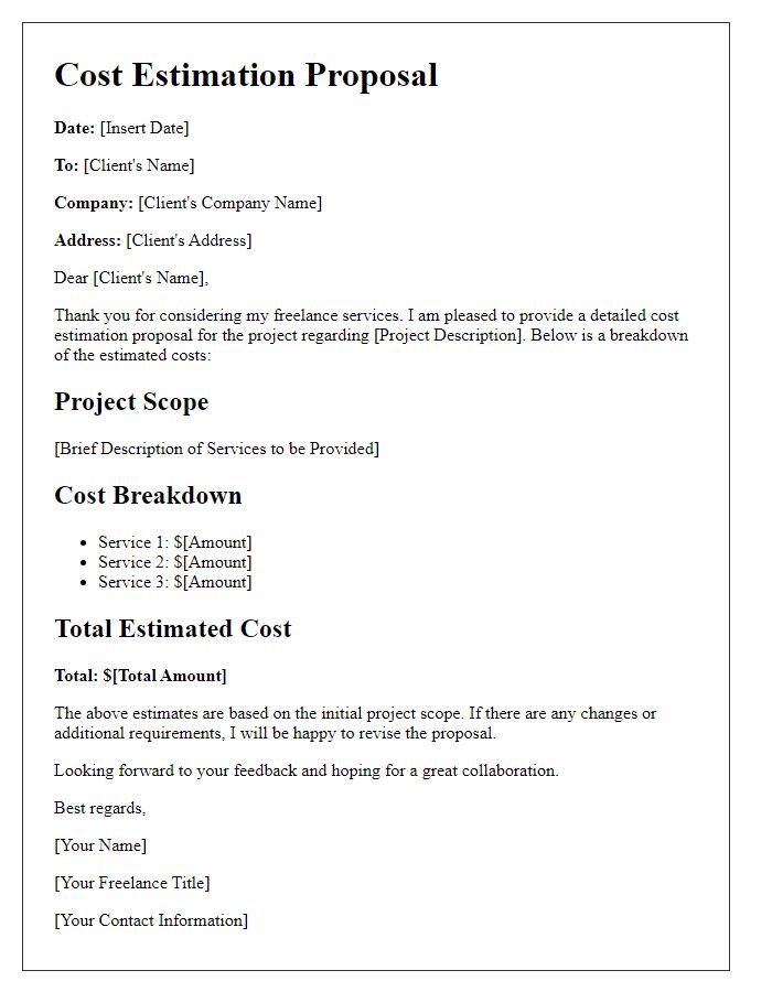 Letter template of cost estimation proposal for freelance services