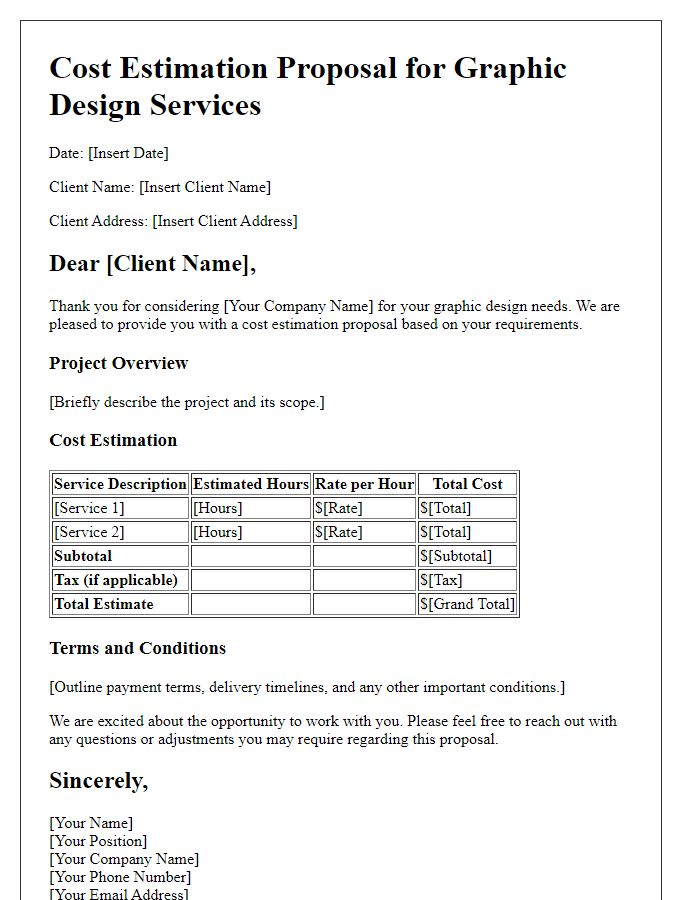 Letter template of cost estimation proposal for graphic design