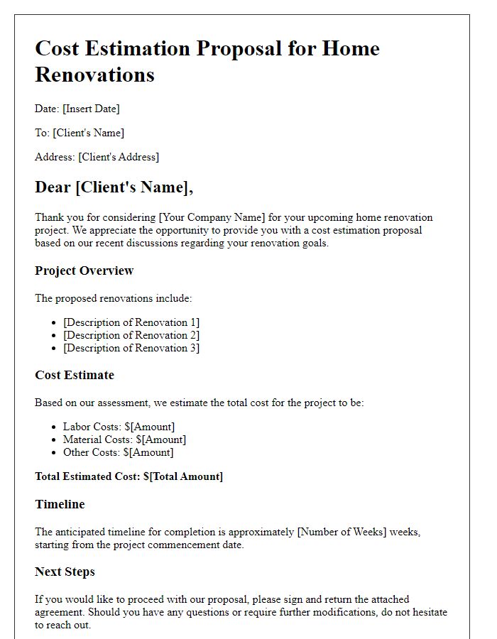 Letter template of cost estimation proposal for home renovations