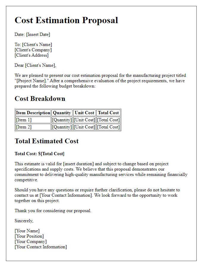 Letter template of cost estimation proposal for manufacturing projects