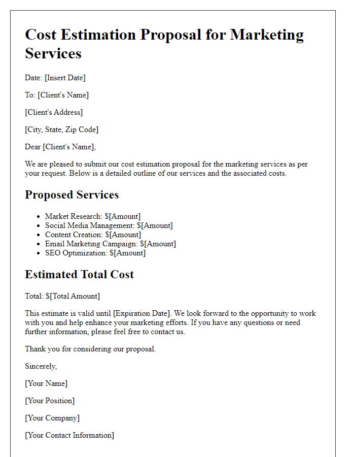 Letter template of cost estimation proposal for marketing services