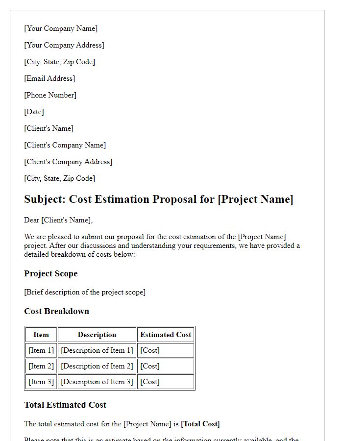 Letter template of cost estimation proposal for project development