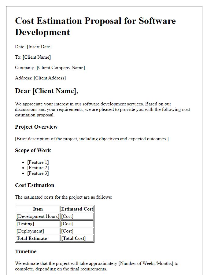 Letter template of cost estimation proposal for software development