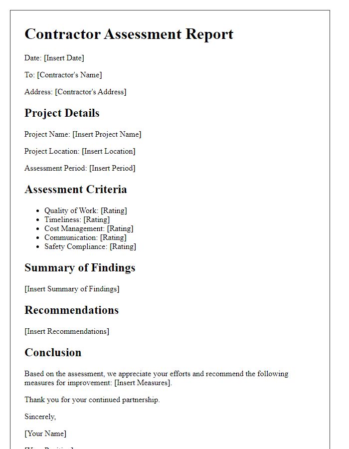 Letter template of contractor assessment report