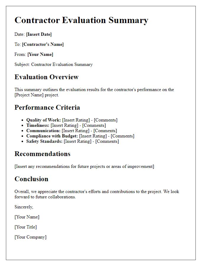 Letter template of contractor evaluation summary