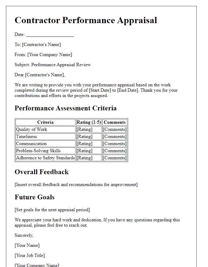 Letter template of contractor performance appraisal