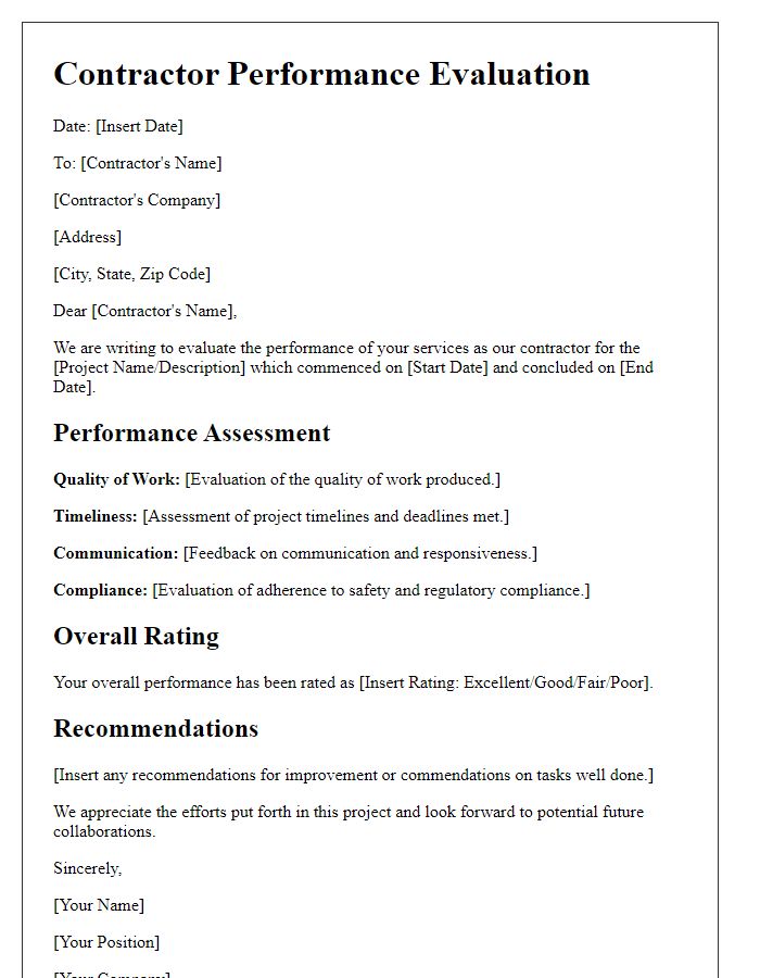 Letter template of contractor performance evaluation