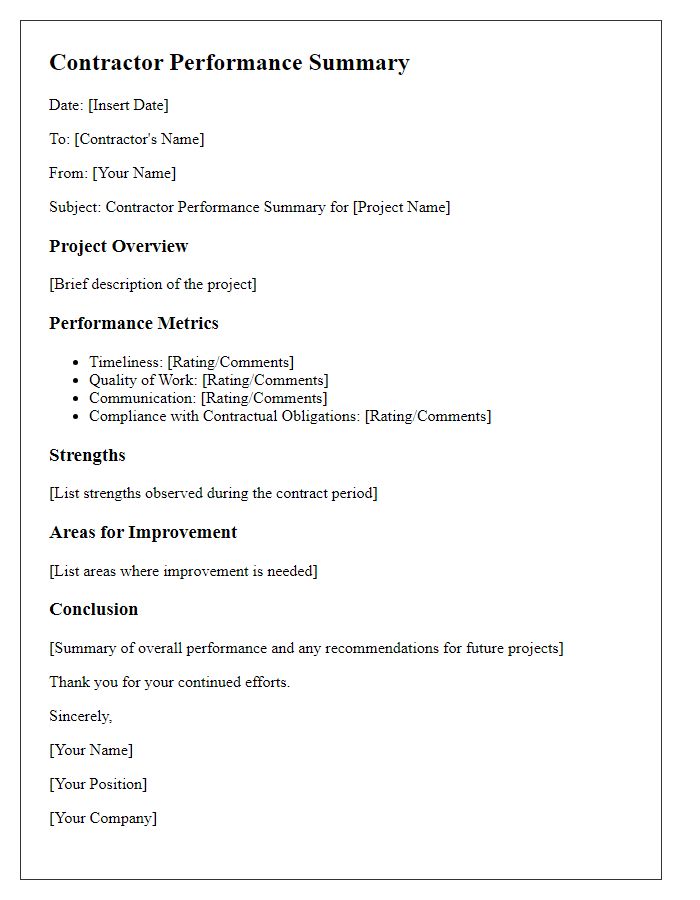 Letter template of contractor performance summary