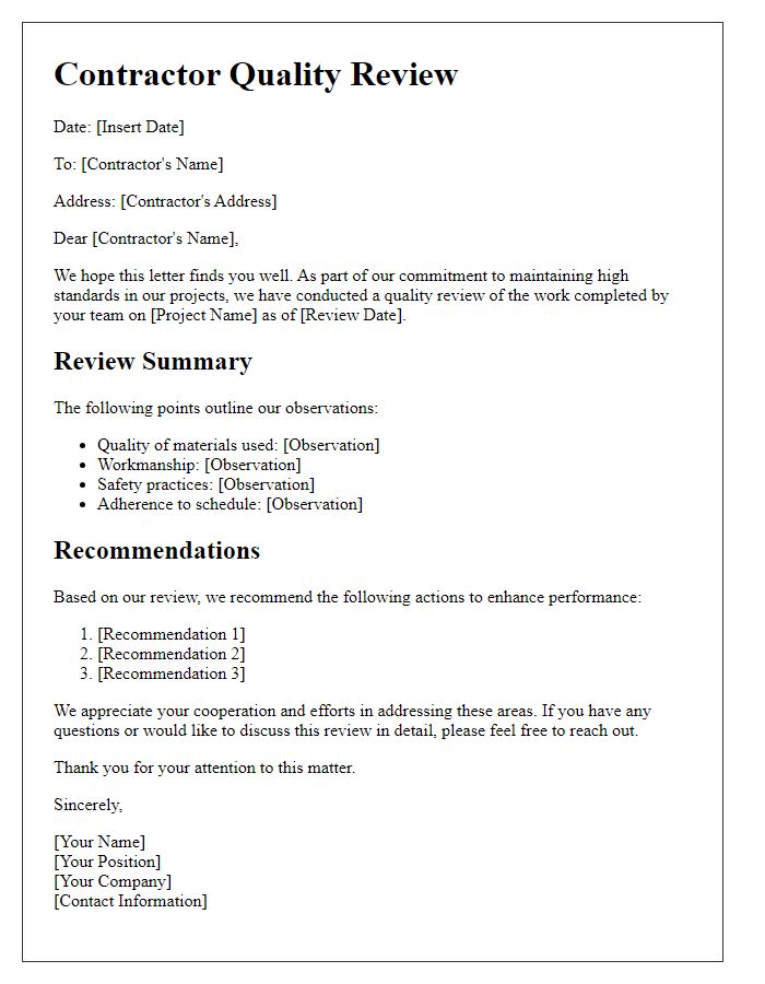 Letter template of contractor quality review