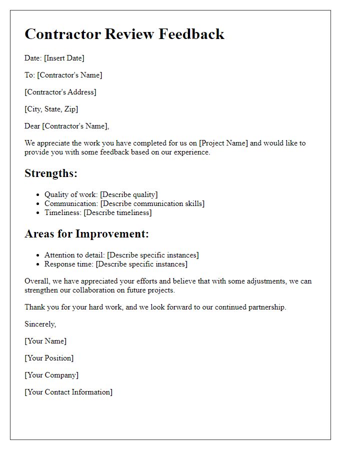 Letter template of contractor review feedback