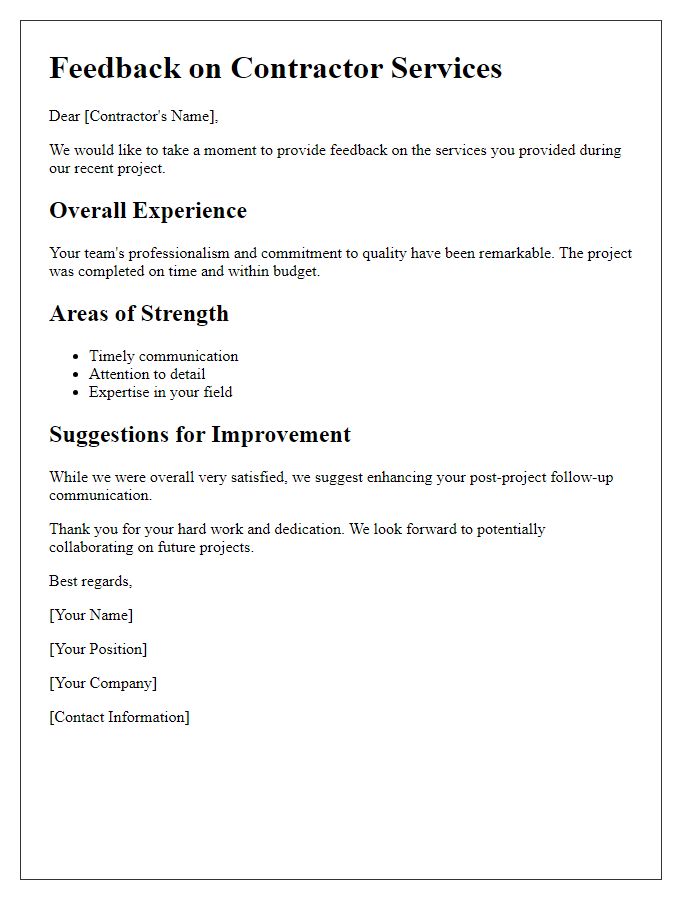 Letter template of contractor service feedback