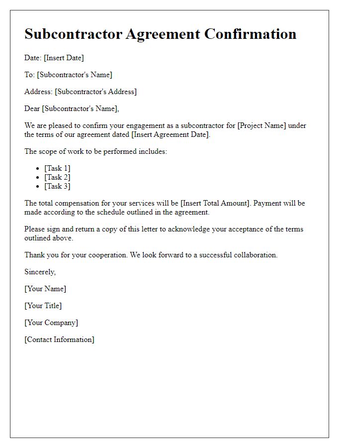 Letter template of Subcontractor Agreement Confirmation