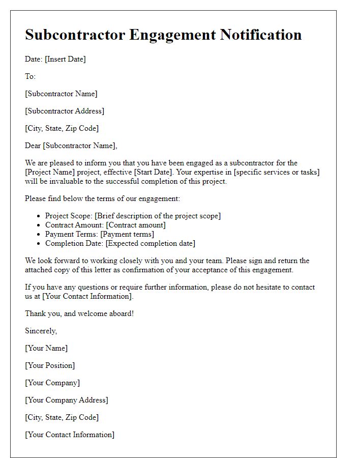 Letter template of Subcontractor Engagement Notification