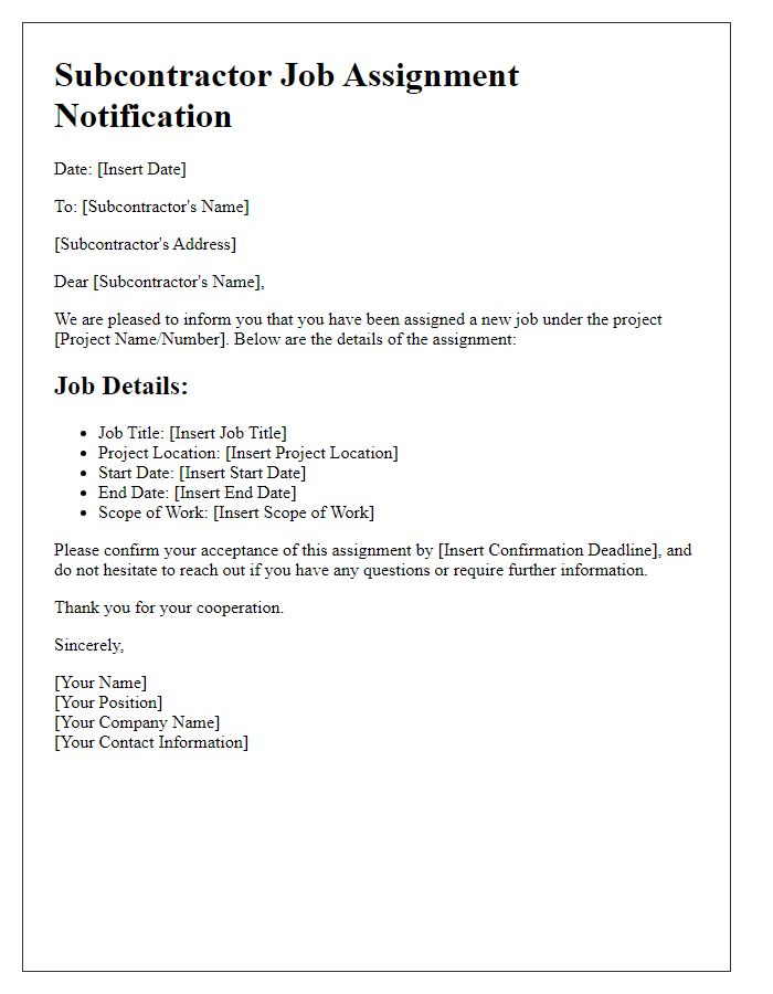 Letter template of Subcontractor Job Assignment Notification